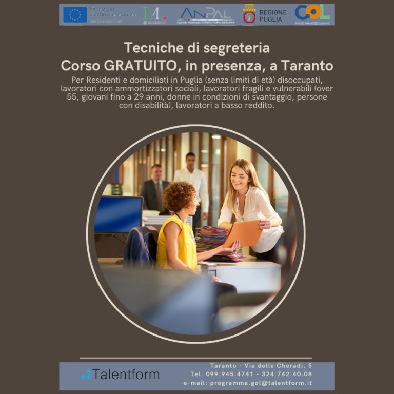 Tecniche di segreteria e dematerializzazione, Corso Gratuito, in presenza, a Taranto, Programma GOL, Percorso 2 “Upskilling” - 140 ore 29 Tecniche di segreteria