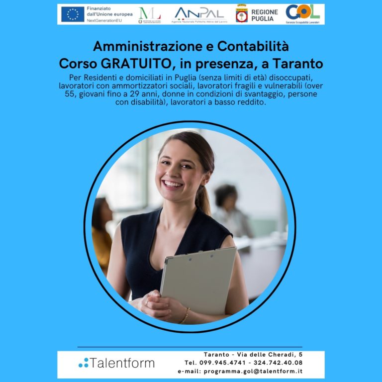 Amministrazione e Contabilità, Corso Gratuito, in presenza, a Taranto, Programma GOL, Percorso 3 “Reskilling” - 200 ore Cod. 487 43 amministrazione e contabilita