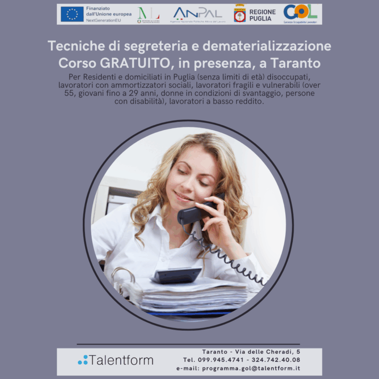 Tecniche di segreteria e dematerializzazione, Corso Gratuito, Programma GOL Puglia, Percorso 2, edizione del 28 novembre 2025 (in presenza, a Taranto) 2 Tecniche di segreteria