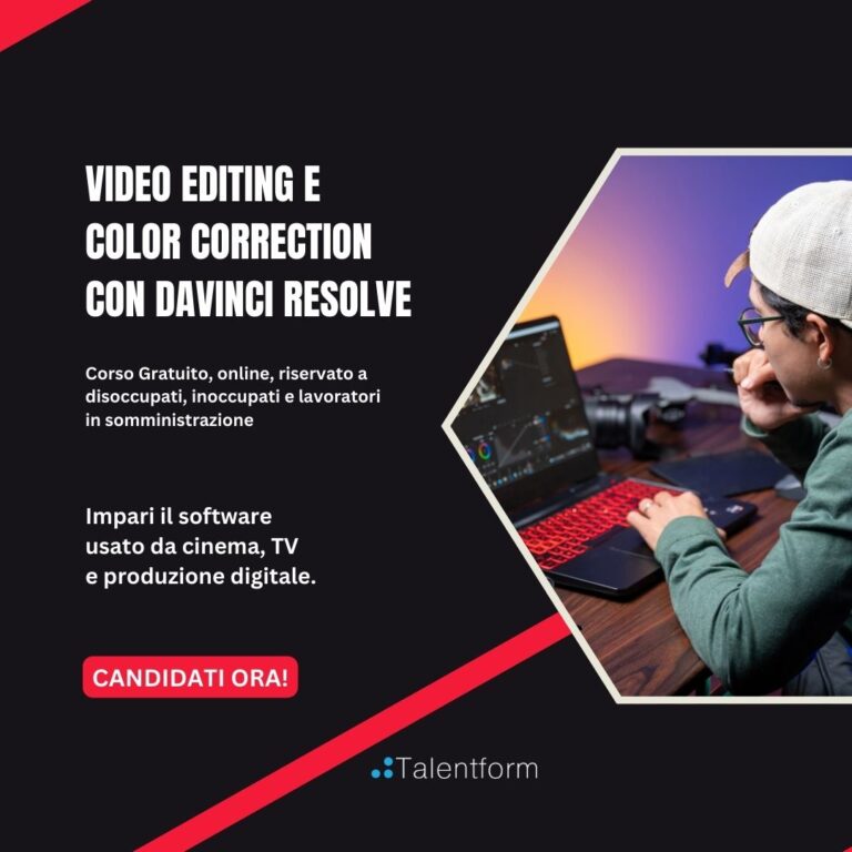 Video Editing e Color Correction con DaVinci Resolve (corso GRATUITO online, full time), edizione del 22 maggio 2026 8 1080x1080 Video Editing e Color Correction con DaVinci Resolve 1