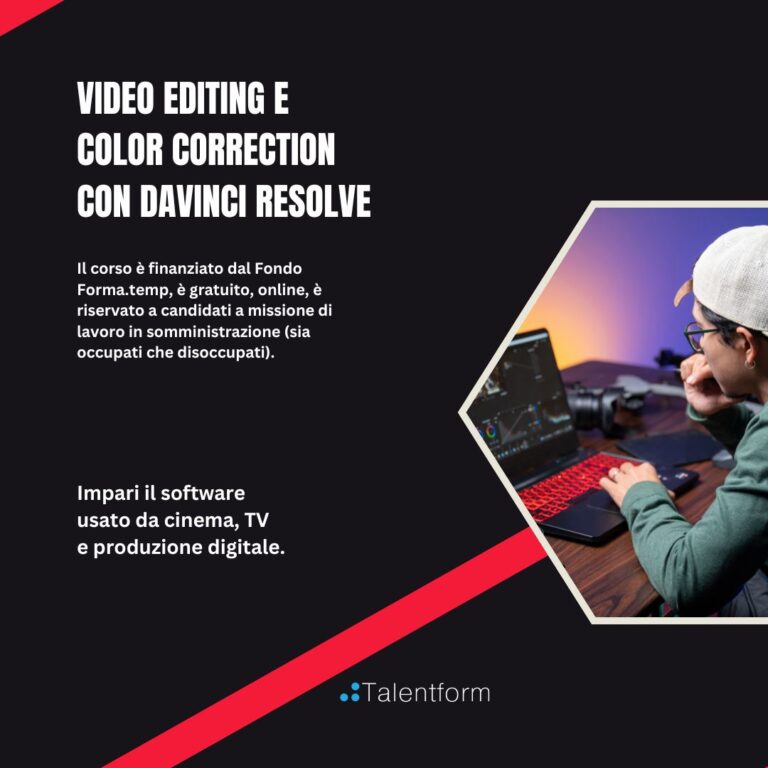 Video Editing e Color Correction con DaVinci Resolve (corso GRATUITO online, full time), edizione del 22 maggio 2026 19 Corso gratuito di Video Editing e Color Correction con DaVinci Resolve 1 1