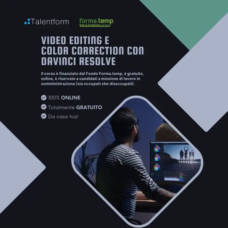 Video Editing e Color Correction con DaVinci Resolve (corso GRATUITO online, full time), edizione del 25 giugno 2026 18 1080 Video Editing e Color Correction con DaVinci Resolve 3