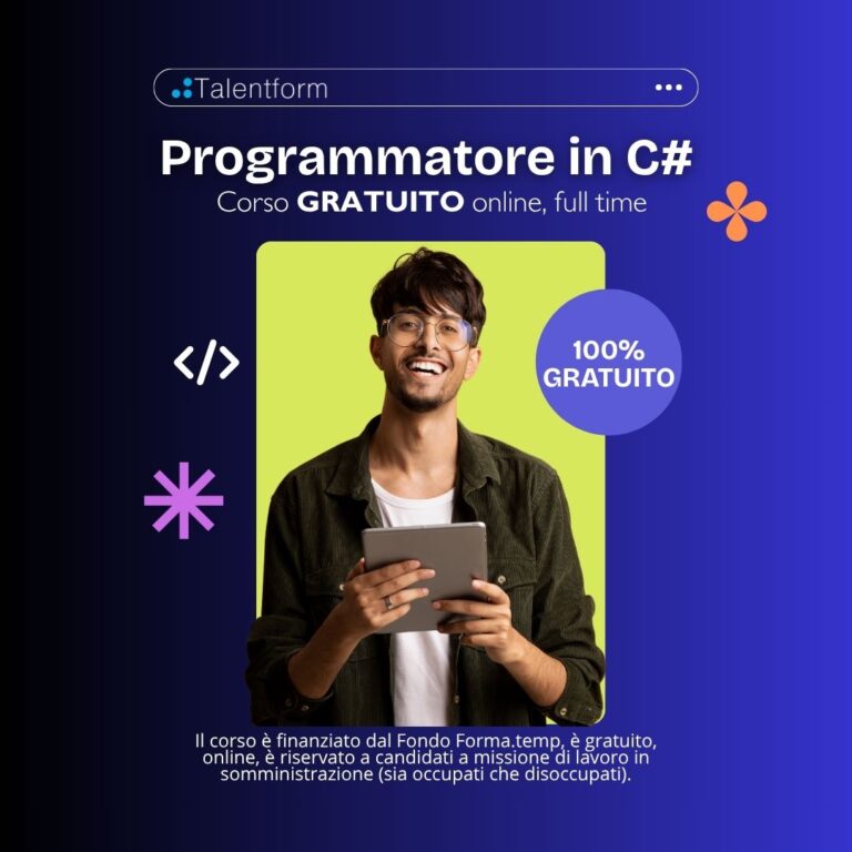 Programmatore in C# (corso GRATUITO online, full time), edizione del 09 giugno 2026 1 Corso Gratuito di Programmatore in C
