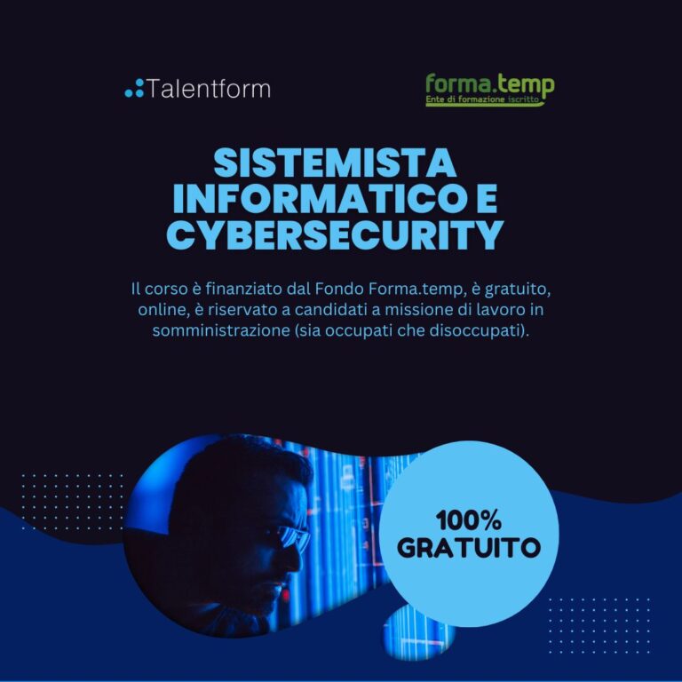 Sistemista Informatico e Cybersecurity (corso GRATUITO online, full time), edizione del 25 agosto 2026 1 per sito Sistemista Informatico