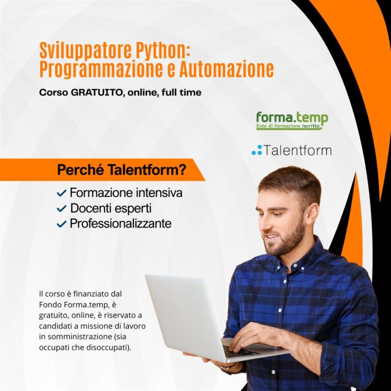 Sviluppatore Python: Programmazione e Automazione (corso GRATUITO online, full time), edizione del 30 settembre 2026 37 1080 Sviluppatore Python Programmazione e Automazione