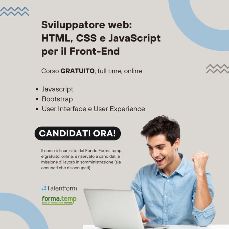 Sviluppatore web: HTML, CSS e JavaScript per il Front-End (corso GRATUITO online, full time), edizione del 30 settembre 2026 48 1080x1080 Sviluppatore web HTML CSS e JavaScript per il Front End