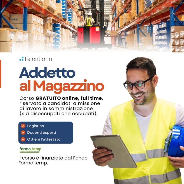 Addetto al magazzino (corso GRATUITO online, full time), edizione del 31 agosto 2026 8 Corso Gratuito Addetto al Magazzino