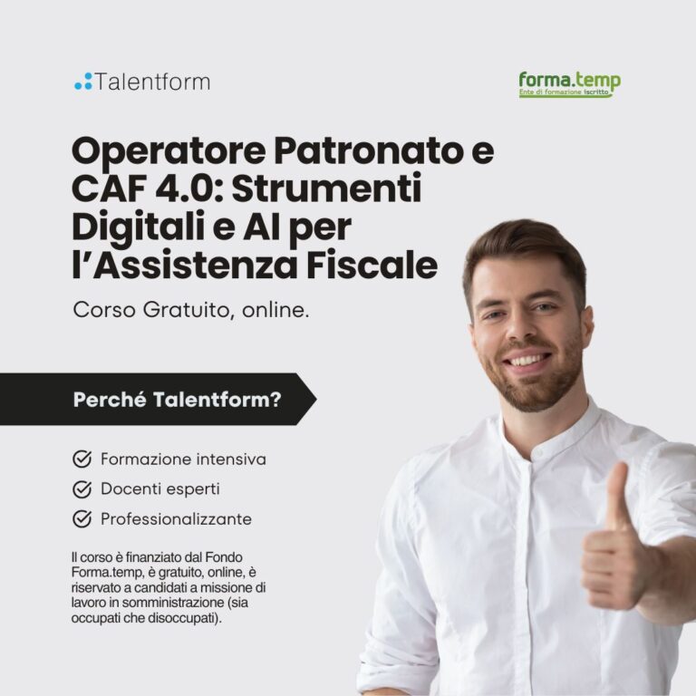 Operatore Patronato e CAF 4.0: Strumenti Digitali e AI per l’Assistenza Fiscale (corso GRATUITO online, full time), edizione del 25 agosto 2026 1 Corso Gratuito Operatore Patronato e CAF 4.0 Strumenti Digitali e AI per lAssistenza Fiscale