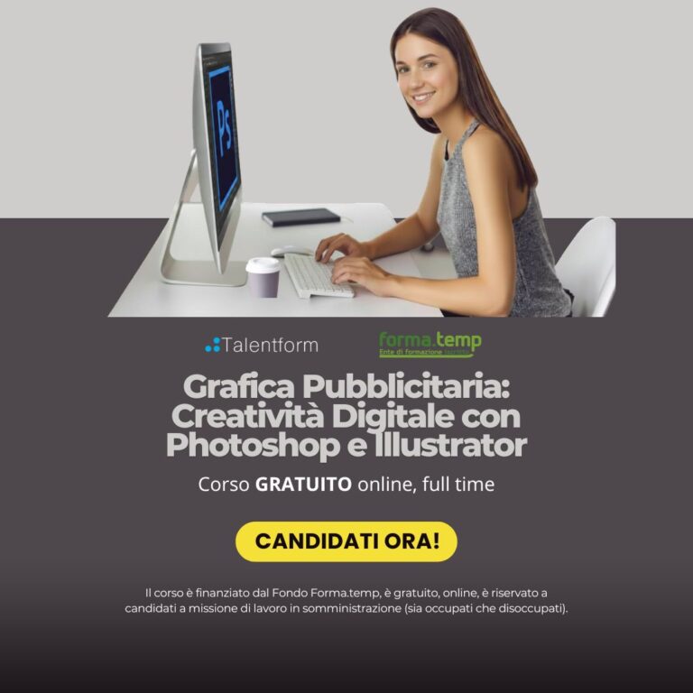Grafica Pubblicitaria: Creatività Digitale con Photoshop e Illustrator (corso GRATUITO online, full time), edizione del 21 settembre 2026 1 Corso Gratuito di Grafica Pubblicitaria Creativita Digitale con Photoshop e Illustrator