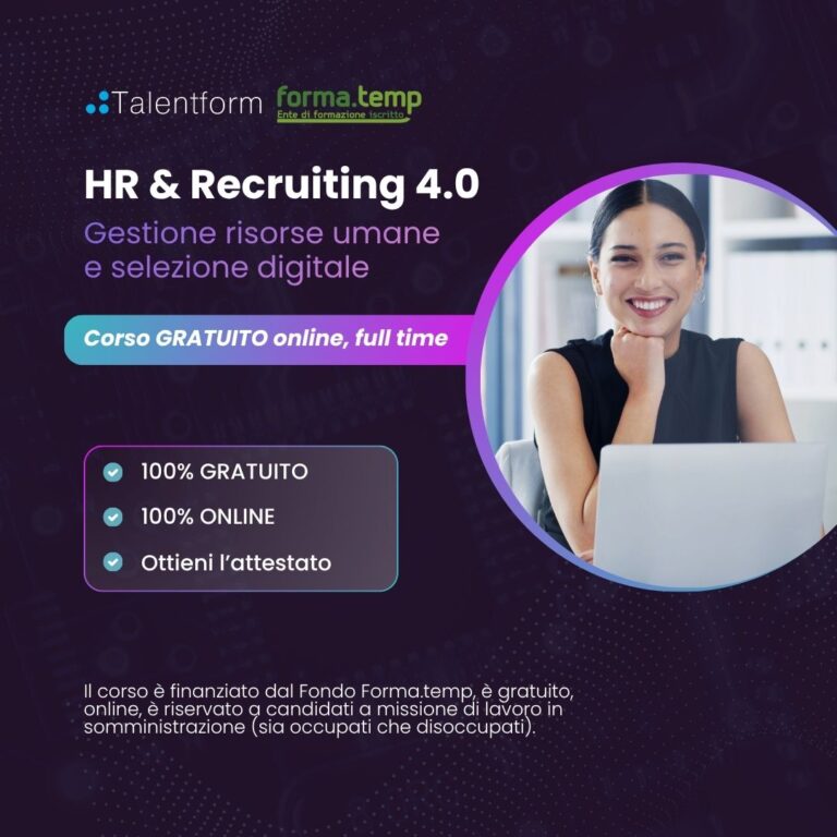 HR & Recruiting 4.0: gestione risorse umane e selezione digitale (corso GRATUITO online, full time), edizione del 30 settembre 2026 30 Corso Gratuito di HR Recruiting 4.0