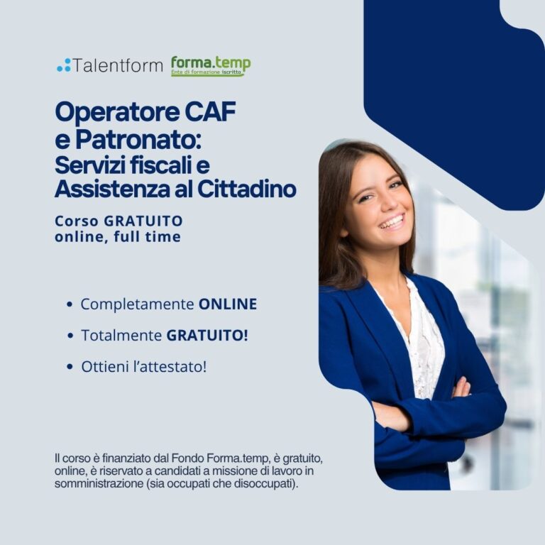 Operatore CAF e Patronato: Servizi fiscali e Assistenza al Cittadino (corso GRATUITO online, full time), edizione del 30 settembre 2026 5 Corso Gratuito di Operatore di Patronato e CAF 1