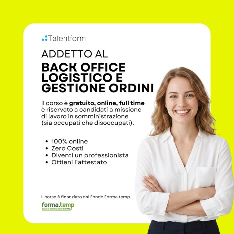 Addetto al Back Office Logistico e Gestione Ordini (corso GRATUITO, online, full time, in aula virtuale sincrona), edizione del 02 novembre 2026 1 Corso Gratuito di Addetto al Back Office Logistico
